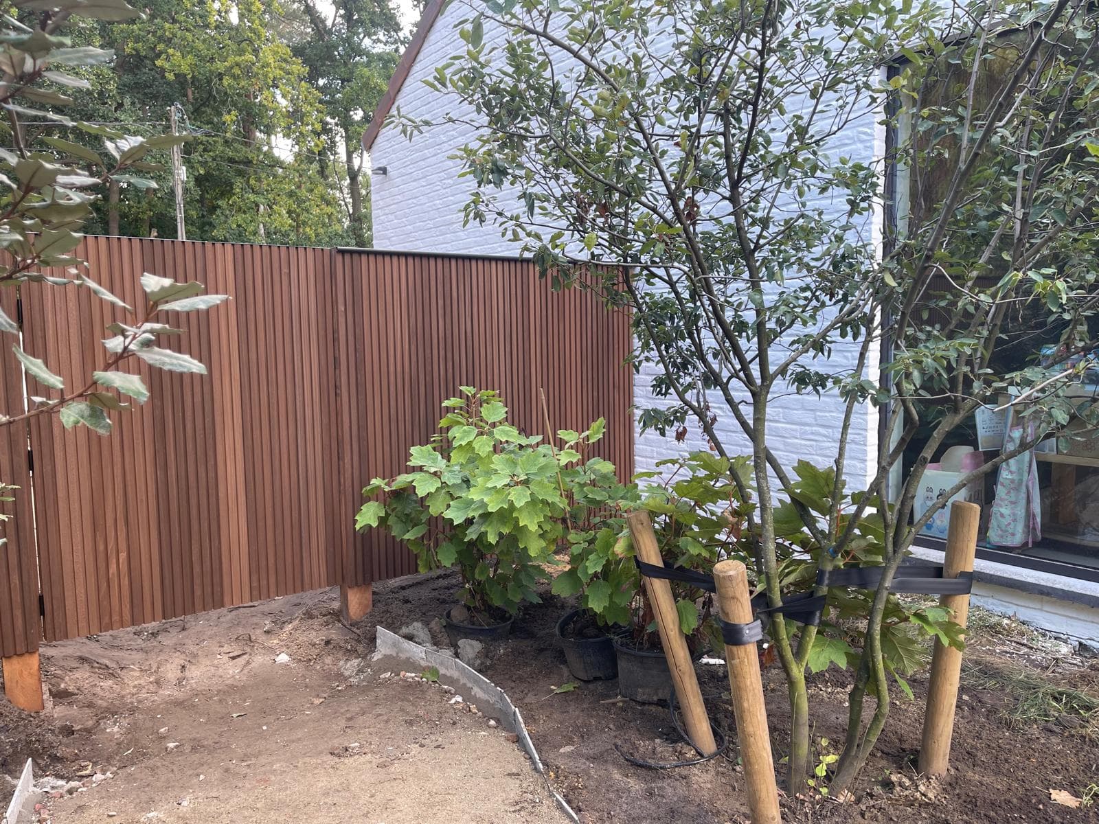 Houten schutting met poortje vanuit de tuin gezien